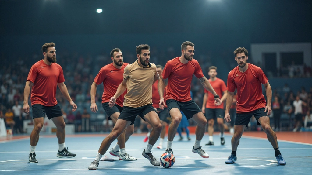 فريق دفاع كرة اليد ينفذ تشكيل دفاعي متقدم مع تنسيق عالي