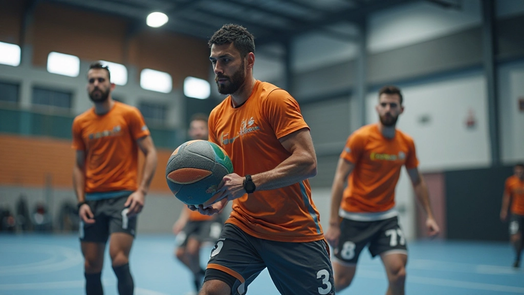 لاعبو كرة اليد يقومون بتمارين تدريبية متقدمة في صالة الألعاب الرياضية مع معدات متخصصة