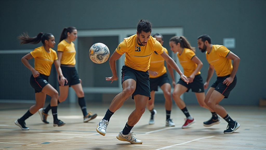 لاعبو كرة اليد يمارسون تمرينات الدفاع الجماعي في الصالة الرياضية
