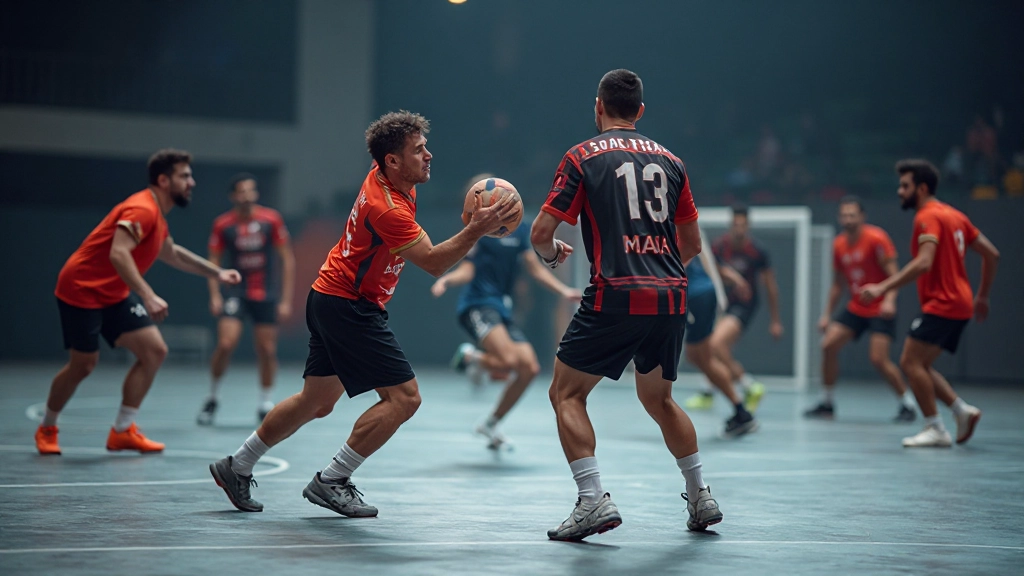 تشكيل دفاعي متقدم لفريق كرة يد احترافي مع لاعبين في مواقع دفاعية منظمة