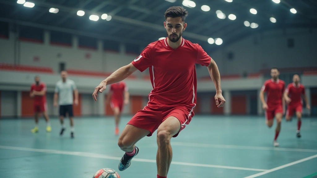 لاعب كرة يد محترف يقوم بمناورة متقدمة مع الكرة في ملعب مغطى